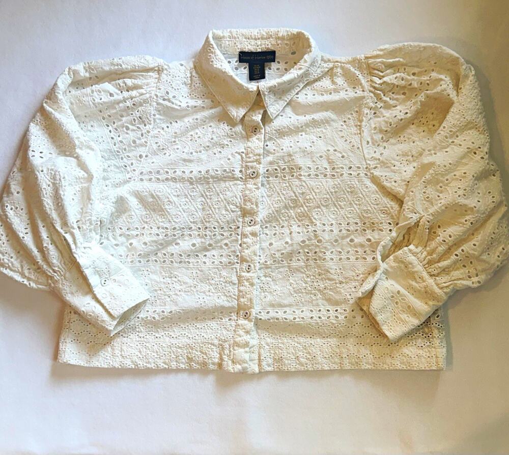 House of Harlow 1960 Women M White Eyelet Embroidered Crop Blouse Puff Sleeve